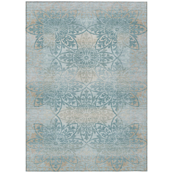 8' X 10' Teal Blue And Silver Oriental Washable Indoor Outdoor Area Rug
