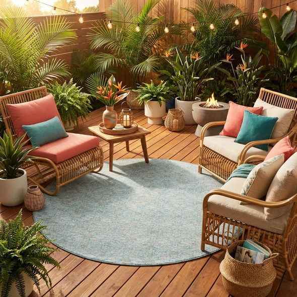 8' Sky Blue And Blue Round Oriental Washable Indoor Outdoor Area Rug