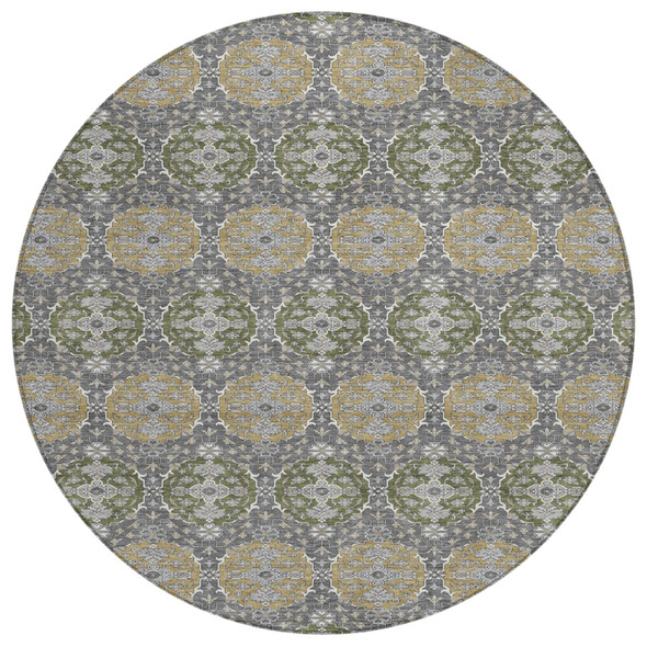 8' Gray And Graphite Round Striped Washable Indoor Outdoor Area Rug