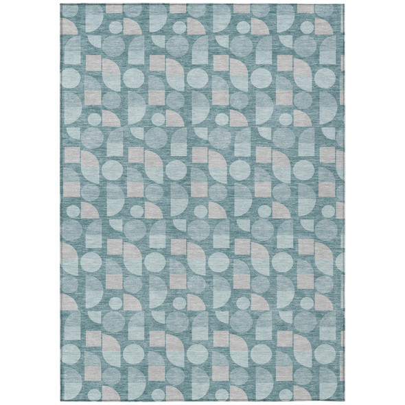 9' X 12' Teal Blue And Silver Geometric Washable Indoor Outdoor Area Rug