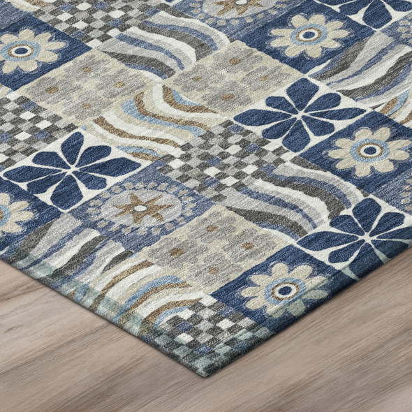 10' X 14' Navy Blue And Blue Floral Washable Indoor Outdoor Area Rug