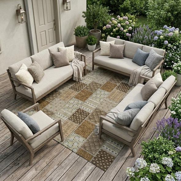 9' X 12' Chocolate And Brown Patchwork Washable Indoor Outdoor Area Rug