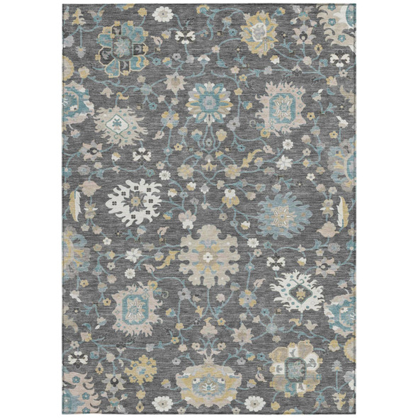 8' X 10' Gray And Graphite Floral Washable Indoor Outdoor Area Rug