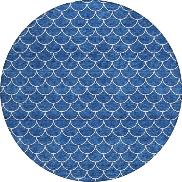8' Blue And Ivory Round Geometric Washable Indoor Outdoor Area Rug