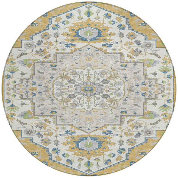 8' Gold Ivory And Blue Round Oriental Washable Indoor Outdoor Area Rug