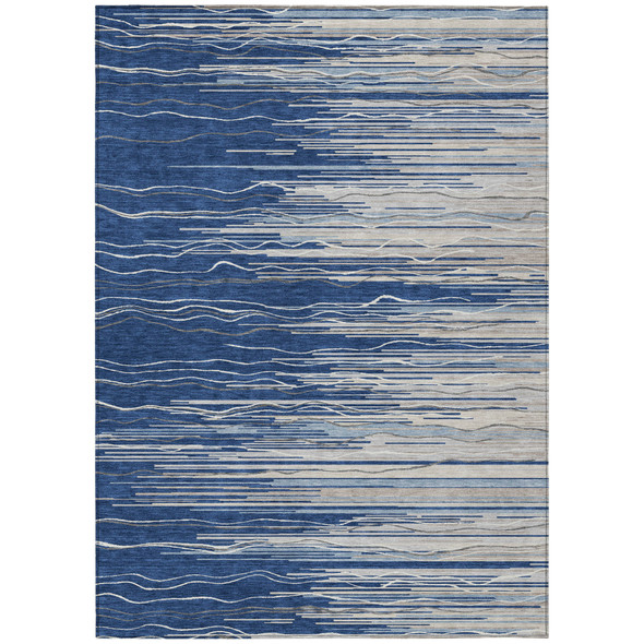 9' X 12' Navy Blue Gray And Ivory Striped Washable Indoor Outdoor Area Rug