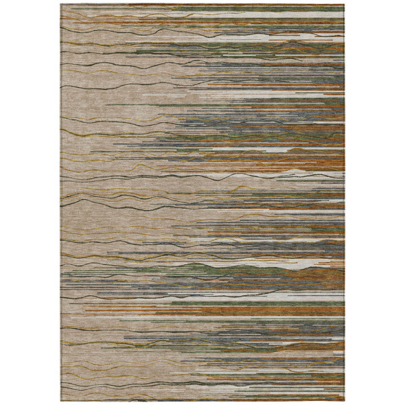 5' X 8' Taupe Copper And Green Striped Washable Indoor Outdoor Area Rug