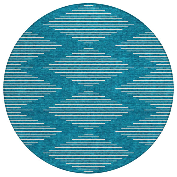 8' Teal Blue And Ivory Round Geometric Washable Indoor Outdoor Area Rug