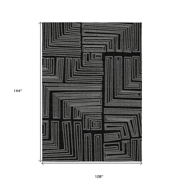 9' X 12' Black And Ivory Geometric Washable Indoor Outdoor Area Rug