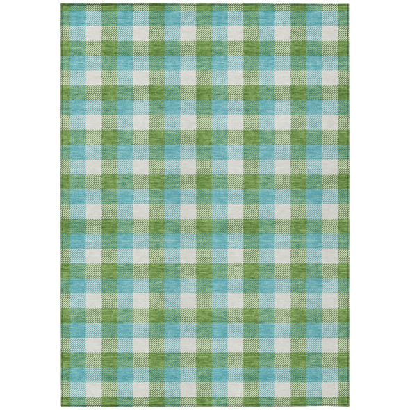 9' X 12' Lime Green Aqua And Beige Plaid Washable Indoor Outdoor Area Rug
