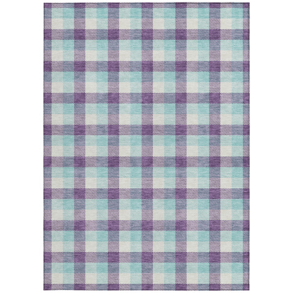 3' X 5' Purple Aqua And Beige Plaid Washable Indoor Outdoor Area Rug