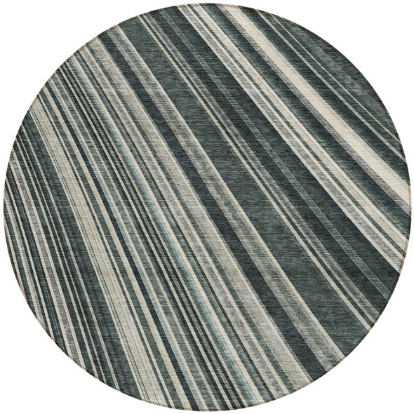 8' Black Gray And Ivory Round Striped Washable Indoor Outdoor Area Rug
