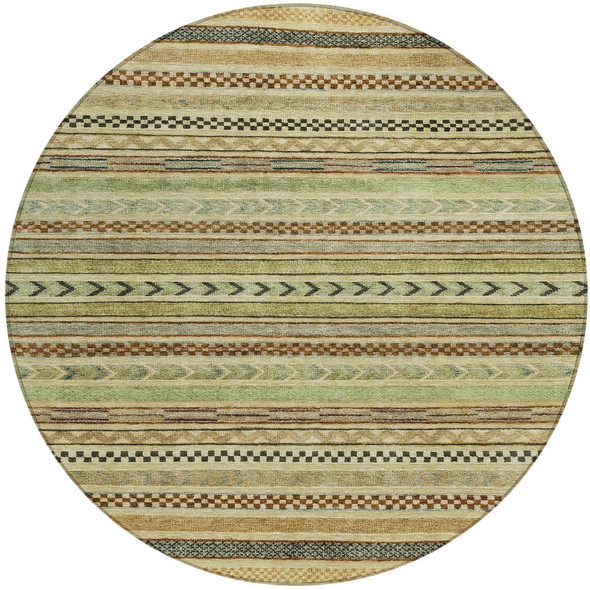 8' Beige And Taupe Round Striped Washable Indoor Outdoor Area Rug