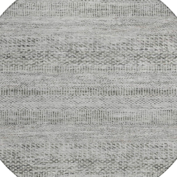 8' Gray And Charcoal Round Striped Washable Indoor Outdoor Area Rug