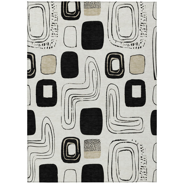 10' X 14' Ivory Black And Beige Geometric Washable Indoor Outdoor Area Rug
