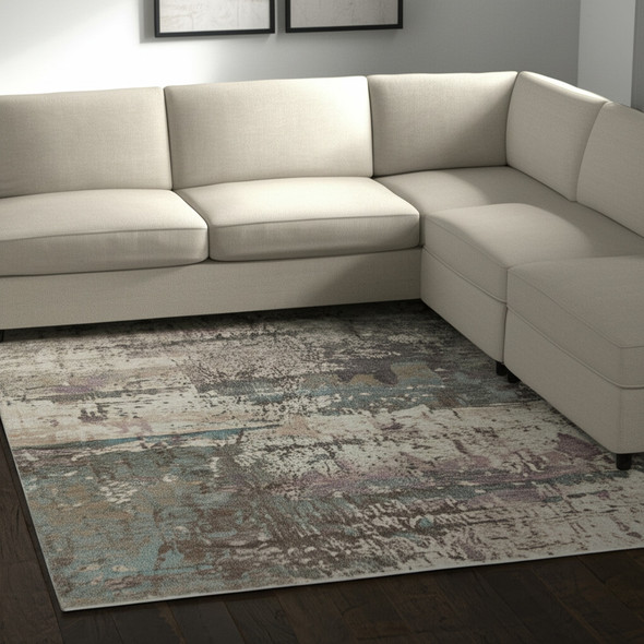 10' X 13' Ivory Blue And Purple Abstract Distressed Area Rug
