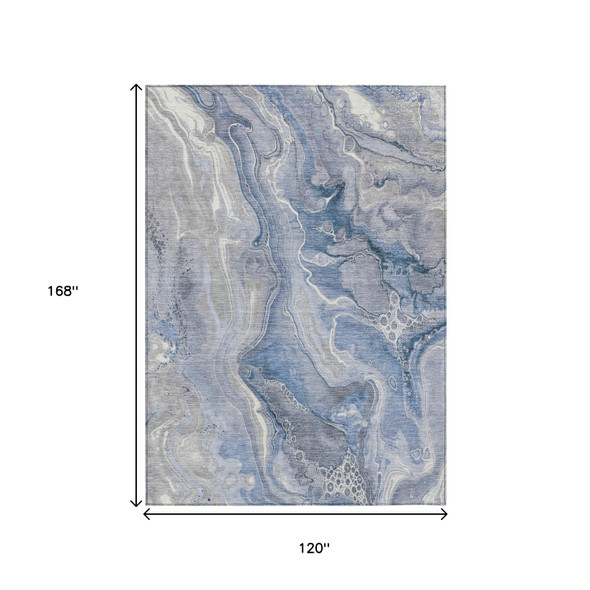 10' X 14' Denim Blue And Ivory Abstract Washable Indoor Outdoor Area Rug