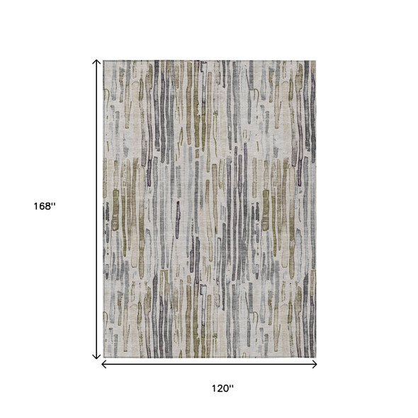 10' X 14' Beige And Gray Striped Washable Indoor Outdoor Area Rug