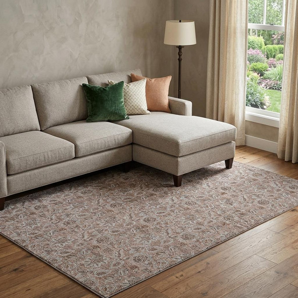 10' X 14' Copper And Gray Floral Washable Area Rug With UV Protection