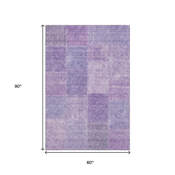 5' X 8' Lavender And Purple Patchwork Washable Area Rug With UV Protection