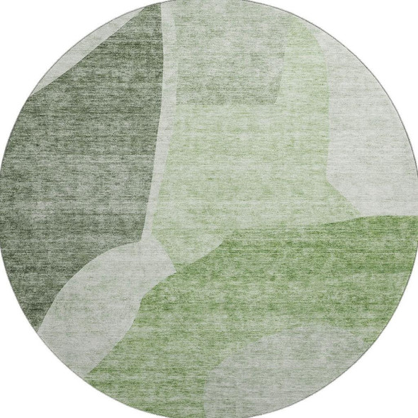 8' Artichoke Green And Ivory Abstract Washable Round Rug With UV Protection
