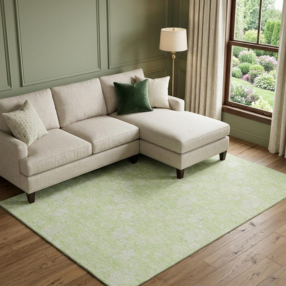 9' X 12' Artichoke Green And Ivory Floral Washable Area Rug With UV Protection