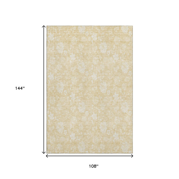 9' X 12' Amber And Ivory Floral Washable Area Rug With UV Protection