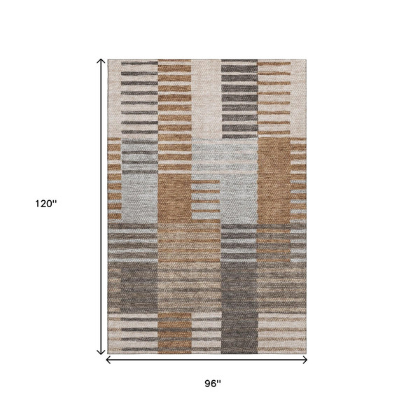 8' X 10' Rust Ivory And Gray Striped Washable Area Rug With UV Protection