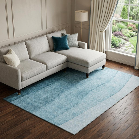10' X 14' Teal And Ivory Ombre Washable Area Rug With UV Protection