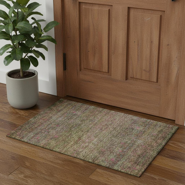 3' X 5' Artichoke Green And Pink Abstract Washable Area Rug With UV Protection