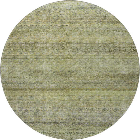 8' Artichoke Green Gray And Beige Striped Washable Round Rug With UV Protection