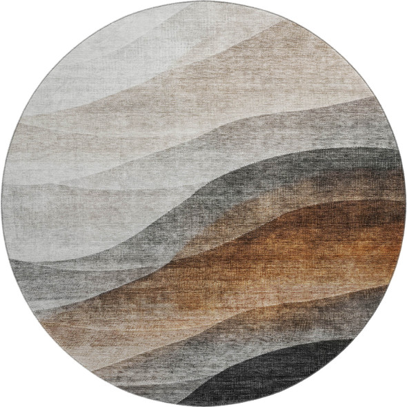8' Khaki Ivory And Gray Abstract Washable Round Rug With UV Protection