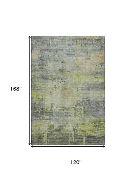 10' X 14' Artichoke Green Charcoal And Silver Abstract Washable Area Rug With UV Protection