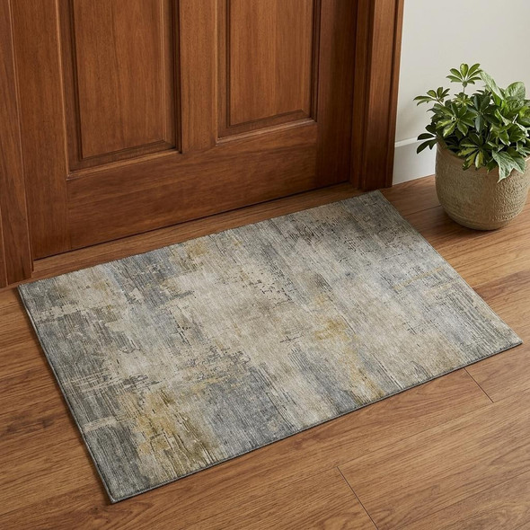 3' X 5' Pewter And Wheat Abstract Washable Area Rug With UV Protection
