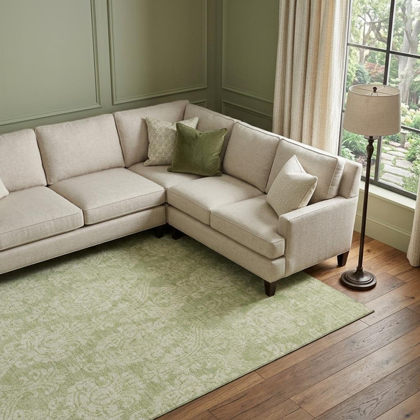 8' X 10' Artichoke Green Beige And Ivory Damask Washable Area Rug With UV Protection
