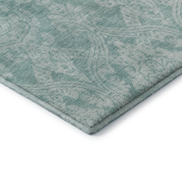 3' X 5' Aqua Teal And Ivory Damask Washable Area Rug With UV Protection