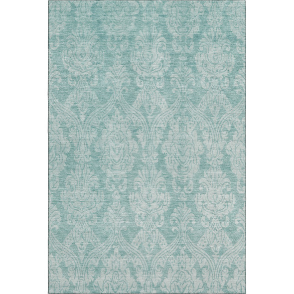 10' X 14' Aqua Teal And Ivory Damask Washable Area Rug With UV Protection