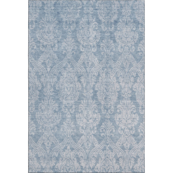 10' X 14' Blue And Ivory Damask Washable Area Rug With UV Protection