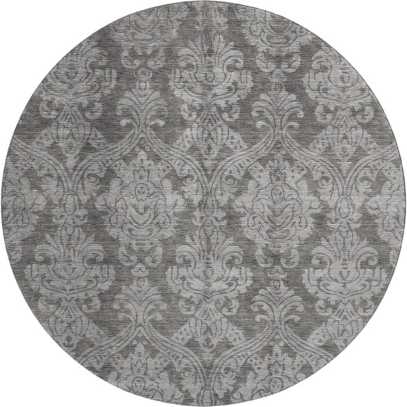 8' Gray And Silver Damask Washable Round Rug With UV Protection