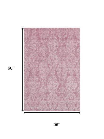 3' X 5' Pink And Ivory Damask Washable Area Rug With UV Protection