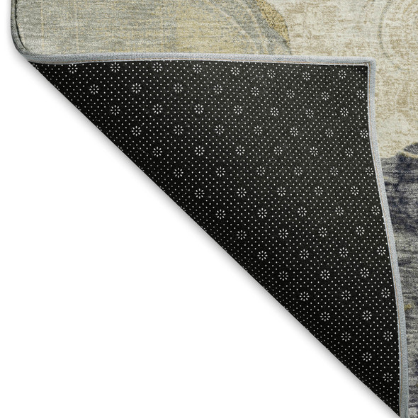 8' Ivory Tan And Charcoal Geometric Washable Round Rug With UV Protection