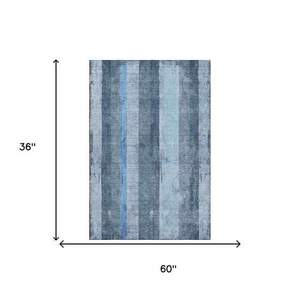3' X 5' Blue And Gray Striped Washable Area Rug With UV Protection