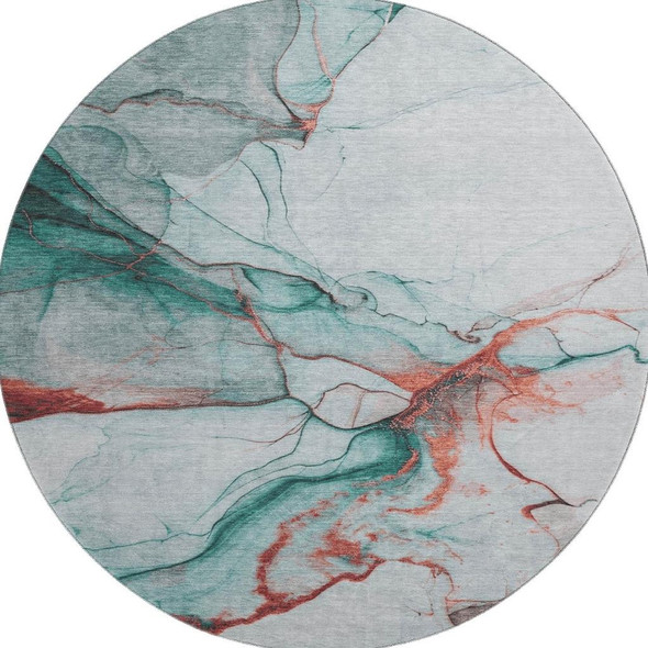 8' Teal Terra Cotta And Ivory Abstract Washable Round Rug With UV Protection