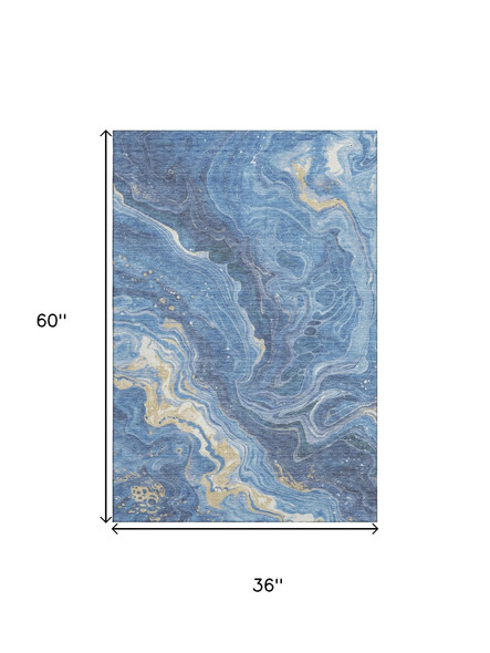 3' X 5' Blue Gold And Ivory Abstract Washable Area Rug With UV Protection