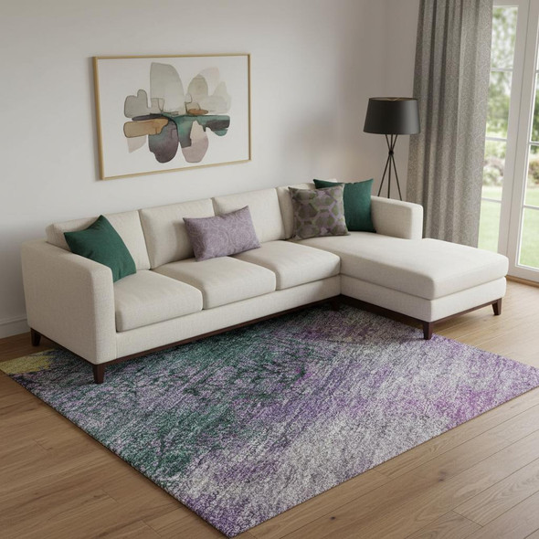 9' X 12' Plum Gold And Emerald Abstract Washable Area Rug With UV Protection