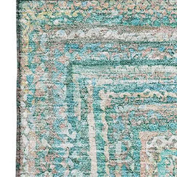 9' X 12' Teal And Ivory Geometric Washable Area Rug With UV Protection