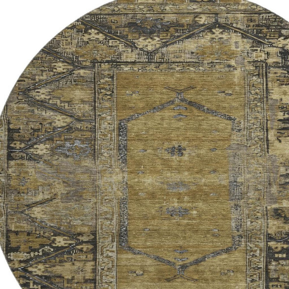 8' Brown And Charcoal Oriental Washable Round Rug With UV Protection