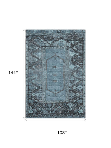 9' X 12' Blue And Charcoal Oriental Washable Area Rug With UV Protection