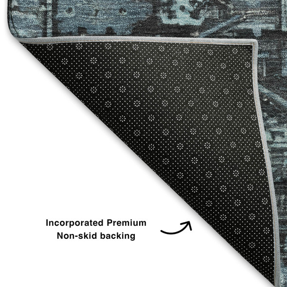 10' X 14' Blue And Charcoal Oriental Washable Area Rug With UV Protection