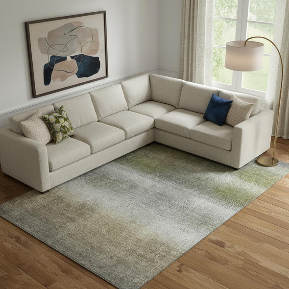 10' X 14' Pewter Green And Silver Striped Washable Area Rug With UV Protection